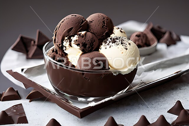 طبق ايس كريم بنكهة الكاكو، ايس كريم الشوكلاتة، طبق البوظة البني، حلويات صيفية باردة، ايس كريم طازج، مرطبات صيفية