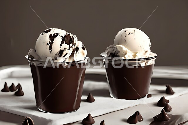 طبق ايس كريم بنكهة الكاكو، ايس كريم الشوكلاتة، طبق البوظة البني، حلويات صيفية باردة، ايس كريم طازج، مرطبات صيفية