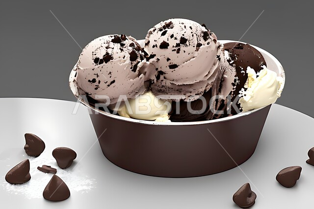 طبق ايس كريم بنكهة الكاكو، ايس كريم الشوكلاتة، طبق البوظة البني، حلويات صيفية باردة، ايس كريم طازج، مرطبات صيفية