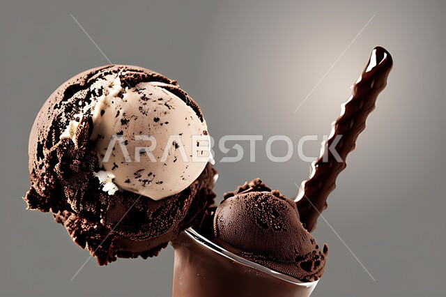 طبق ايس كريم بنكهة الكاكو، ايس كريم الشوكلاتة، طبق البوظة البني، حلويات صيفية باردة، ايس كريم طازج، مرطبات صيفية