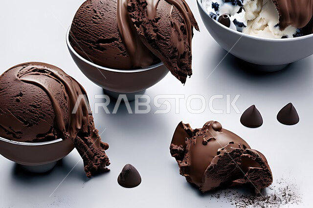 طبق ايس كريم بنكهة الكاكو، ايس كريم الشوكلاتة، طبق البوظة البني، حلويات صيفية باردة، ايس كريم طازج، مرطبات صيفية