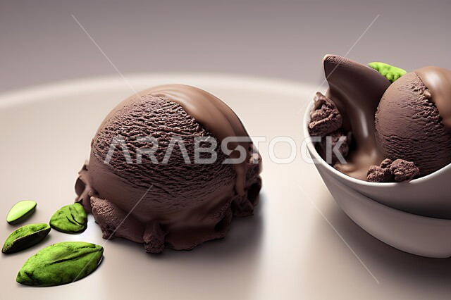 طبق ايس كريم بنكهة الكاكو، ايس كريم الشوكلاتة، طبق البوظة البني، حلويات صيفية باردة، ايس كريم طازج، مرطبات صيفية