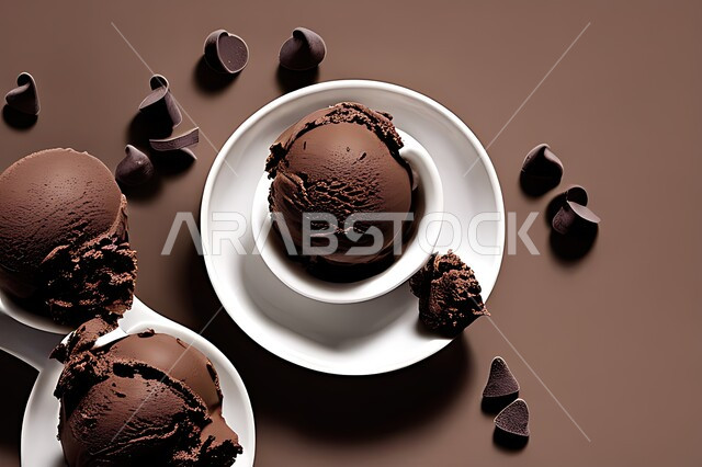 طبق ايس كريم بنكهة الكاكو، ايس كريم الشوكلاتة، طبق البوظة البني، حلويات صيفية باردة، ايس كريم طازج، مرطبات صيفية