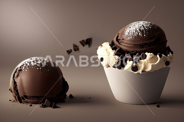 طبق ايس كريم بنكهة الكاكو، ايس كريم الشوكلاتة، طبق البوظة البني، حلويات صيفية باردة، ايس كريم طازج، مرطبات صيفية