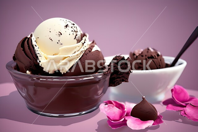 طبق ايس كريم بنكهة الكاكو، ايس كريم الشوكلاتة، طبق البوظة البني، حلويات صيفية باردة، ايس كريم طازج، مرطبات صيفية