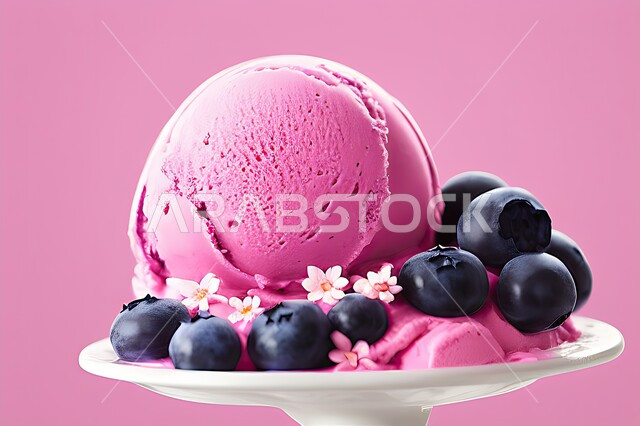 طبق ايس كريم المزين بحبات التوت الاسود، ايس كريم بنكهة التوت، طبق البوظة الوردي، حلويات صيفية باردة، ايس كريم طازج، مرطبات صيفية