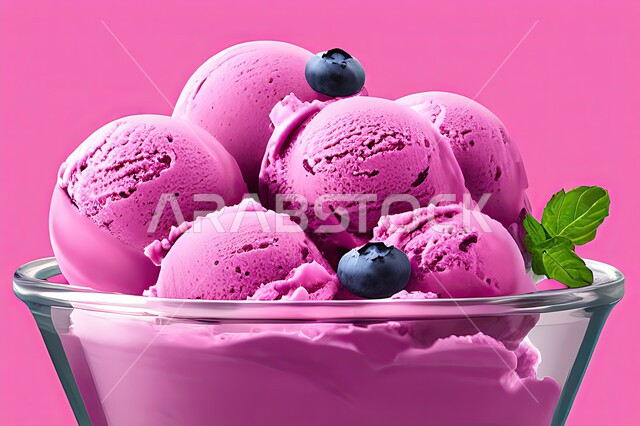 طبق ايس كريم المزين بحبات التوت الاسود، ايس كريم بنكهة التوت، طبق البوظة الوردي، حلويات صيفية باردة، ايس كريم طازج، مرطبات صيفية