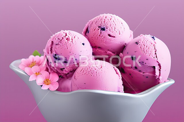 طبق ايس كريم المزين بحبات التوت الاسود، ايس كريم بنكهة التوت، طبق البوظة الوردي، حلويات صيفية باردة، ايس كريم طازج، مرطبات صيفية