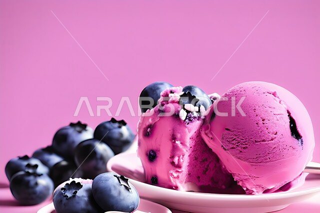 طبق ايس كريم المزين بحبات التوت الاسود، ايس كريم بنكهة التوت، طبق البوظة الوردي، حلويات صيفية باردة، ايس كريم طازج، مرطبات صيفية