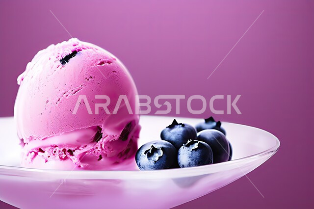 طبق ايس كريم المزين بحبات التوت الاسود، ايس كريم بنكهة التوت، طبق البوظة الوردي، حلويات صيفية باردة، ايس كريم طازج، مرطبات صيفية