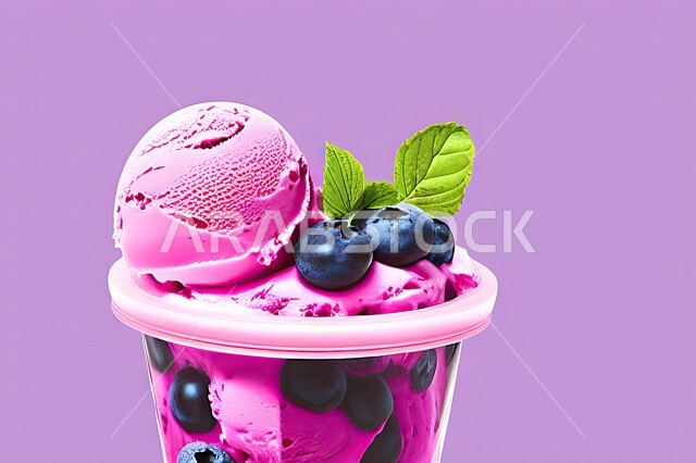 طبق ايس كريم المزين بحبات التوت الاسود، ايس كريم بنكهة التوت، طبق البوظة الوردي، حلويات صيفية باردة، ايس كريم طازج، مرطبات صيفية