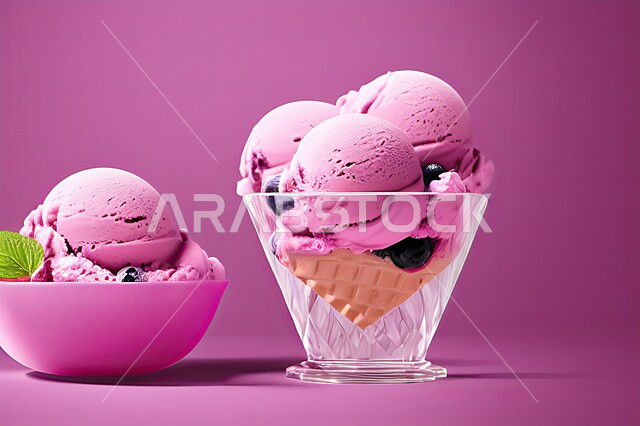 طبق ايس كريم المزين بحبات التوت الاسود، ايس كريم بنكهة التوت، طبق البوظة الوردي، حلويات صيفية باردة، ايس كريم طازج، مرطبات صيفية