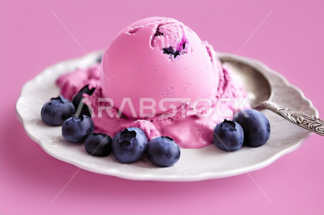 طبق ايس كريم المزين بحبات التوت الاسود، ايس كريم بنكهة التوت، طبق البوظة الوردي، حلويات صيفية باردة، ايس كريم طازج، مرطبات صيفية