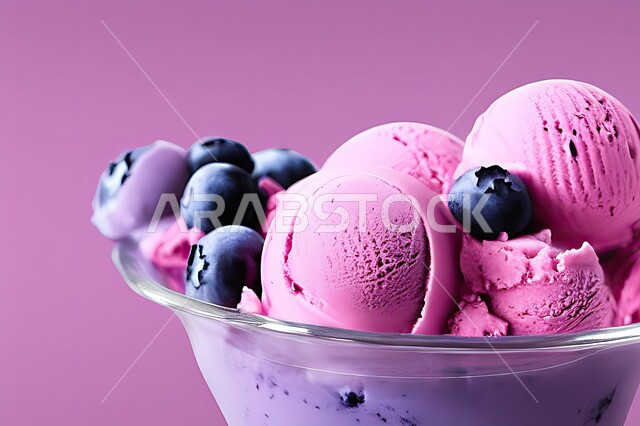 طبق ايس كريم المزين بحبات التوت الاسود، ايس كريم بنكهة التوت، طبق البوظة الوردي، حلويات صيفية باردة، ايس كريم طازج، مرطبات صيفية