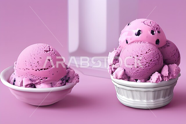 طبق ايس كريم المزين بحبات التوت الاسود، ايس كريم بنكهة التوت، طبق البوظة الوردي، حلويات صيفية باردة، ايس كريم طازج، مرطبات صيفية