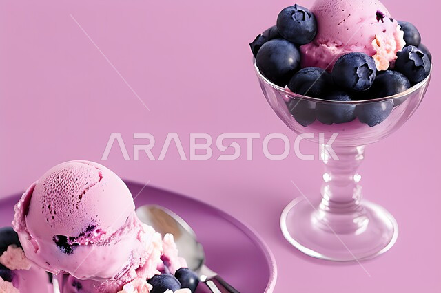طبق ايس كريم المزين بحبات التوت الاسود، ايس كريم بنكهة التوت، طبق البوظة الوردي، حلويات صيفية باردة، ايس كريم طازج، مرطبات صيفية
