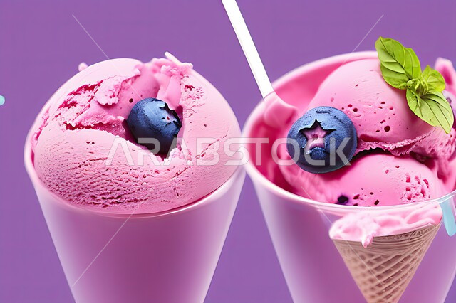 طبق ايس كريم المزين بحبات التوت الاسود، ايس كريم بنكهة التوت، طبق البوظة الوردي، حلويات صيفية باردة، ايس كريم طازج، مرطبات صيفية