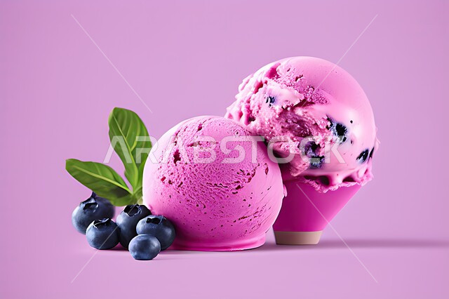 طبق ايس كريم المزين بحبات التوت الاسود، ايس كريم بنكهة التوت، طبق البوظة الوردي، حلويات صيفية باردة، ايس كريم طازج، مرطبات صيفية