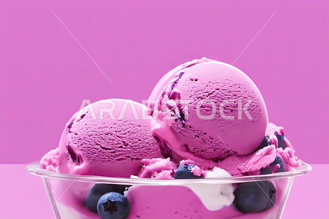 طبق ايس كريم المزين بحبات التوت الاسود، ايس كريم بنكهة التوت، طبق البوظة الوردي، حلويات صيفية باردة، ايس كريم طازج، مرطبات صيفية