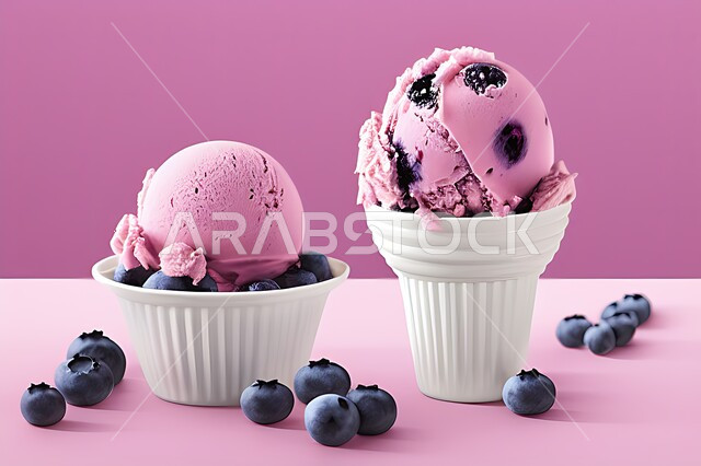 طبق ايس كريم المزين بحبات التوت الاسود، ايس كريم بنكهة التوت، طبق البوظة الوردي، حلويات صيفية باردة، ايس كريم طازج، مرطبات صيفية