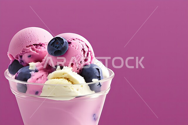 طبق ايس كريم المزين بحبات التوت الاسود، ايس كريم بنكهة التوت، طبق البوظة الوردي، حلويات صيفية باردة، ايس كريم طازج، مرطبات صيفية