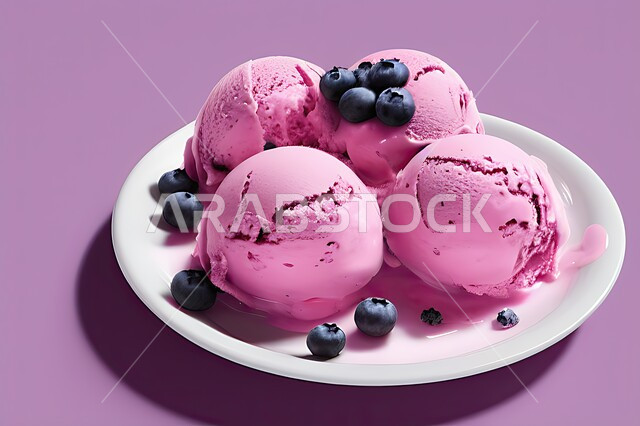 طبق ايس كريم المزين بحبات التوت الاسود، ايس كريم بنكهة التوت، طبق البوظة الوردي، حلويات صيفية باردة، ايس كريم طازج، مرطبات صيفية