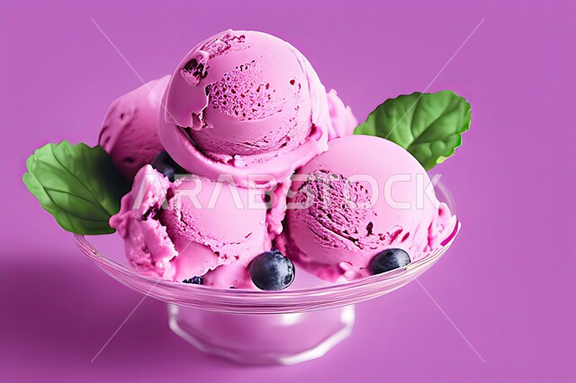 طبق ايس كريم المزين بحبات التوت الاسود، ايس كريم بنكهة التوت، طبق البوظة الوردي، حلويات صيفية باردة، ايس كريم طازج، مرطبات صيفية