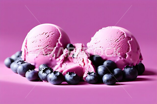 كرات الايس كريم المزين بحبات التوت الاسود، ايس كريم بنكهة التوت، طبق البوظة الوردي، حلويات صيفية باردة، ايس كريم طازج، مرطبات صيفية
