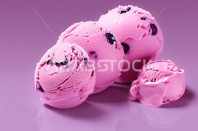 كرات الايس كريم المزين بحبات التوت الاسود، ايس كريم بنكهة التوت، طبق البوظة الوردي، حلويات صيفية باردة، ايس كريم طازج، مرطبات صيفية