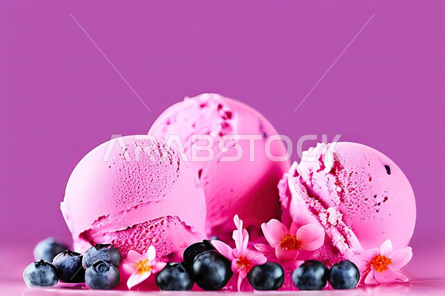 كرات الايس كريم المزين بحبات التوت الاسود، ايس كريم بنكهة التوت، طبق البوظة الوردي، حلويات صيفية باردة، ايس كريم طازج، مرطبات صيفية