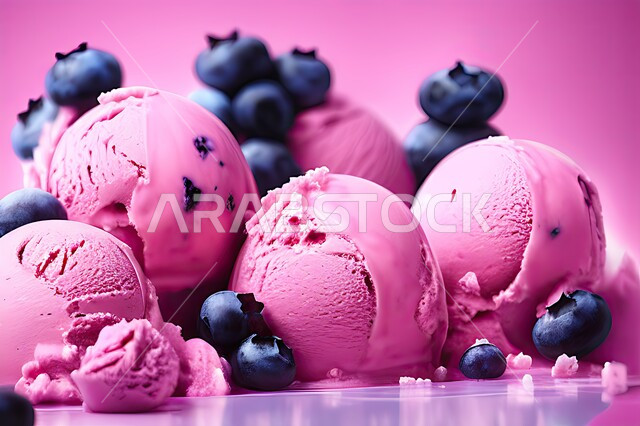 كرات الايس كريم المزين بحبات التوت الاسود، ايس كريم بنكهة التوت، طبق البوظة الوردي، حلويات صيفية باردة، ايس كريم طازج، مرطبات صيفية