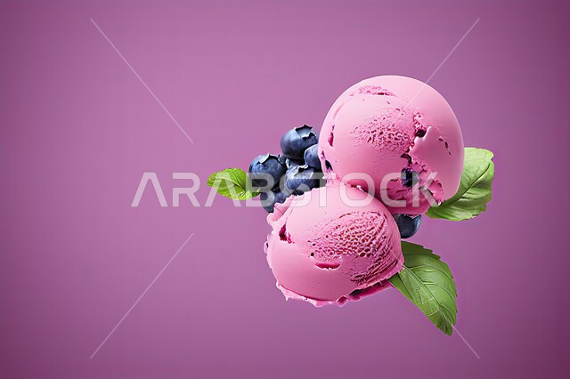 كرات الايس كريم المزين بحبات التوت الاسود، ايس كريم بنكهة التوت، طبق البوظة الوردي، حلويات صيفية باردة، ايس كريم طازج، مرطبات صيفية