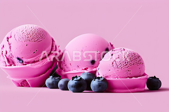 كرات الايس كريم المزين بحبات التوت الاسود، ايس كريم بنكهة التوت، طبق البوظة الوردي، حلويات صيفية باردة، ايس كريم طازج، مرطبات صيفية