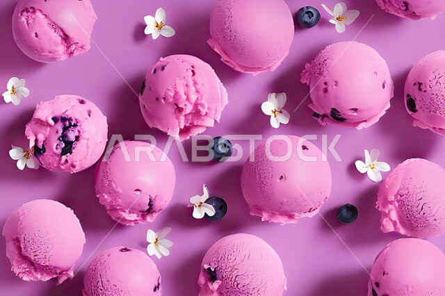 كرات الايس كريم المزين بحبات التوت الاسود، ايس كريم بنكهة التوت، طبق البوظة الوردي، حلويات صيفية باردة، ايس كريم طازج، مرطبات صيفية