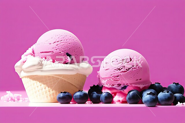 كرات الايس كريم المزين بحبات التوت الاسود، ايس كريم بنكهة التوت، طبق البوظة الوردي، حلويات صيفية باردة، ايس كريم طازج، مرطبات صيفية