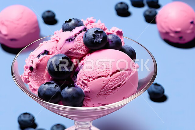 طبق ايس كريم المزين بحبات التوت الاسود، ايس كريم بنكهة التوت، طبق البوظة الوردي، حلويات صيفية باردة، ايس كريم طازج، مرطبات صيفية