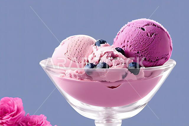 طبق ايس كريم المزين بحبات التوت الاسود، ايس كريم بنكهة التوت، طبق البوظة الوردي، حلويات صيفية باردة، ايس كريم طازج، مرطبات صيفية