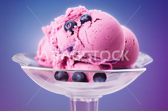 طبق ايس كريم المزين بحبات التوت الاسود، ايس كريم بنكهة التوت، طبق البوظة الوردي، حلويات صيفية باردة، ايس كريم طازج، مرطبات صيفية