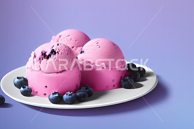 طبق ايس كريم المزين بحبات التوت الاسود، ايس كريم بنكهة التوت، طبق البوظة الوردي، حلويات صيفية باردة، ايس كريم طازج، مرطبات صيفية