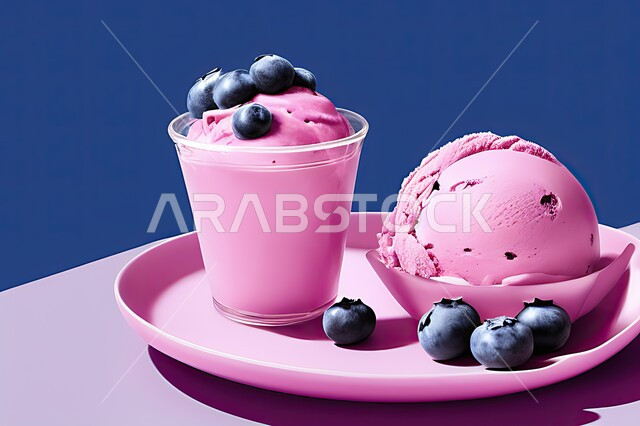 طبق ايس كريم المزين بحبات التوت الاسود، ايس كريم بنكهة التوت، طبق البوظة الوردي، حلويات صيفية باردة، ايس كريم طازج، مرطبات صيفية