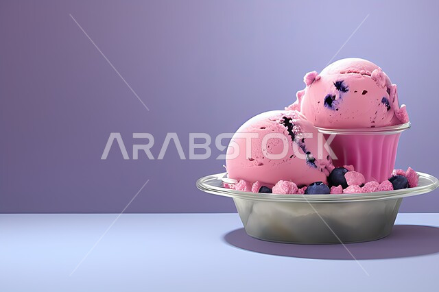 طبق ايس كريم المزين بحبات التوت الاسود، ايس كريم بنكهة التوت، طبق البوظة الوردي، حلويات صيفية باردة، ايس كريم طازج، مرطبات صيفية