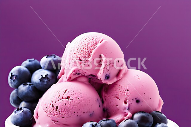 طبق ايس كريم المزين بحبات التوت الاسود، ايس كريم بنكهة التوت، طبق البوظة الوردي، حلويات صيفية باردة، ايس كريم طازج، مرطبات صيفية