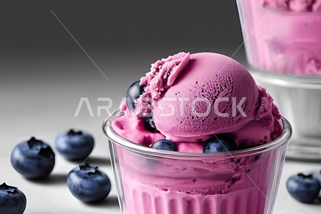 طبق ايس كريم المزين بحبات التوت الاسود، ايس كريم بنكهة التوت، طبق البوظة الوردي، حلويات صيفية باردة، ايس كريم طازج، مرطبات صيفية