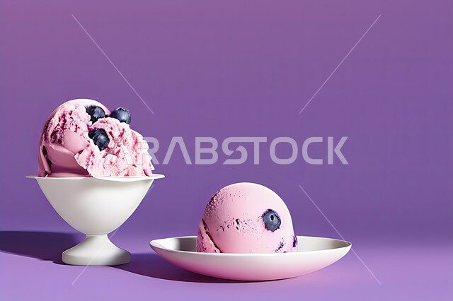 طبق ايس كريم المزين بحبات التوت الاسود، ايس كريم بنكهة التوت، طبق البوظة الوردي، حلويات صيفية باردة، ايس كريم طازج، مرطبات صيفية