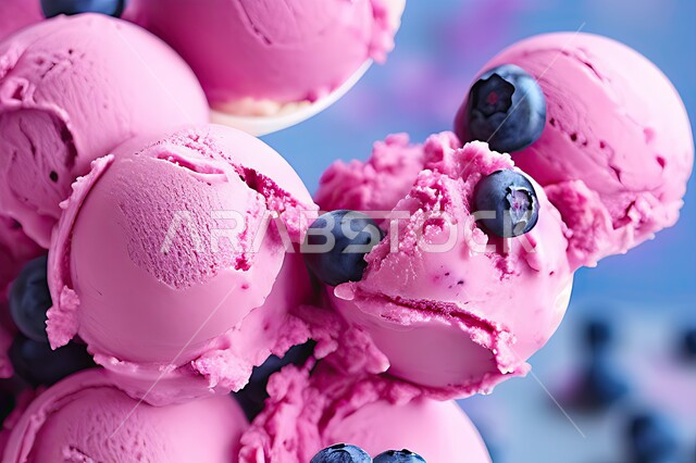 كرات الايس كريم المزين بحبات التوت الاسود، ايس كريم بنكهة التوت، طبق البوظة الوردي، حلويات صيفية باردة، ايس كريم طازج، مرطبات صيفية