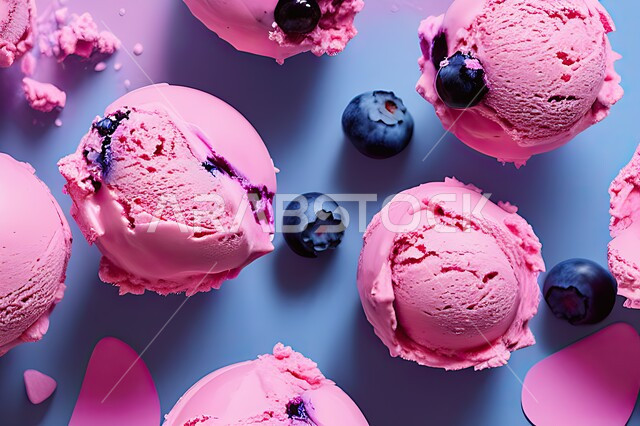 كرات الايس كريم المزين بحبات التوت الاسود، ايس كريم بنكهة التوت، طبق البوظة الوردي، حلويات صيفية باردة، ايس كريم طازج، مرطبات صيفية