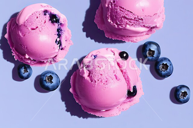 كرات الايس كريم المزين بحبات التوت الاسود، ايس كريم بنكهة التوت، طبق البوظة الوردي، حلويات صيفية باردة، ايس كريم طازج، مرطبات صيفية