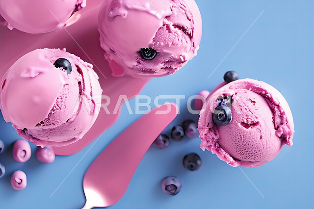 كرات الايس كريم المزين بحبات التوت الاسود، ايس كريم بنكهة التوت، طبق البوظة الوردي، حلويات صيفية باردة، ايس كريم طازج، مرطبات صيفية