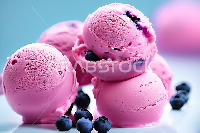 كرات الايس كريم المزين بحبات التوت الاسود، ايس كريم بنكهة التوت، طبق البوظة الوردي، حلويات صيفية باردة، ايس كريم طازج، مرطبات صيفية