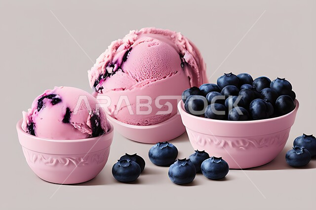 طبق ايس كريم المزين بحبات التوت الاسود، ايس كريم بنكهة التوت، طبق البوظة الوردي، حلويات صيفية باردة، ايس كريم طازج، مرطبات صيفية